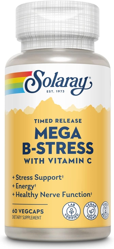 SOLARAMY Mega Vitamin B-Stress, Timed- Rilis Vitamin B Kompleks dengan 1000 mg Vitamin C untuk Stres, Energi, Red Blood Sel & Imune Dukungan, 60 Hari, Vegan, 20 VecCaps