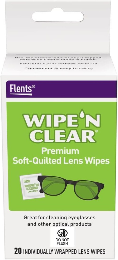 Flents Leens Wipes, Wiph 'N Clear, 20 Count, Pre- Moistened, Streak-Free, Safe for Glasses, Anti- Fog, Cleaning, Clear Vision, Individually Wrapped for Travel & Convenience, made in the USA
