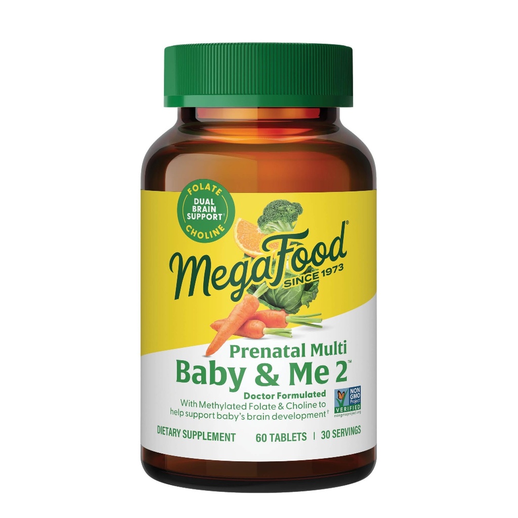 MegaFood Baby & Me 2 Prenatal Vitamin dan Minemary- Vitamin for Women - dengan Falolate (Bentuk Alam Folic Acid), Chooline, Besi, Iodin, dan Vitamin C, Vitamin D dan lebih - 60 Tab (30 Pelayan)