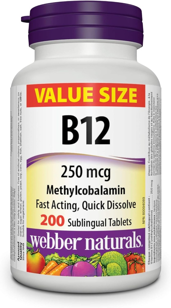 Webber Vitamin B12 250 mcg Methylcobalamin, 200 tablet Sublingual