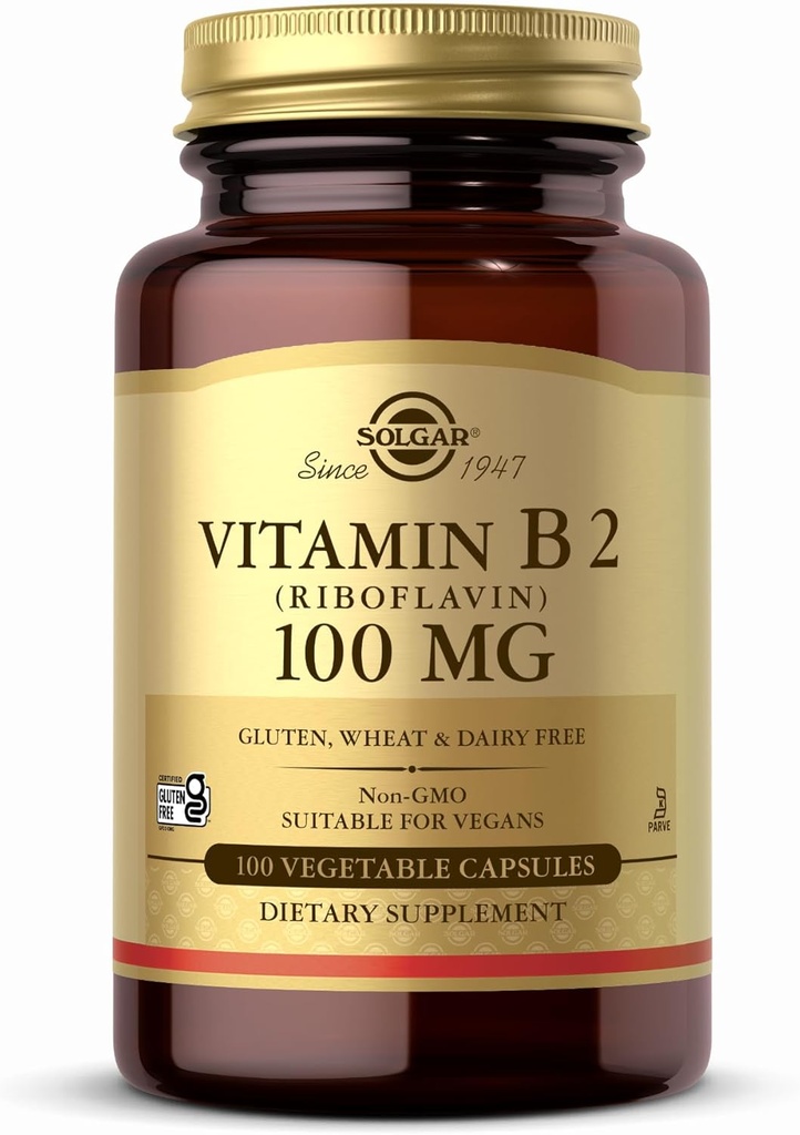 Solgar Vitamin B2 (Riboflavin) 100mg - 100 Vegetable Capsules - None-GMO, Vegan, Gluten Free, Dairy Free, Kosher - 100 Servis