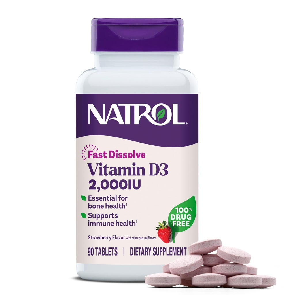 Natrol Cepat Dissolve Vitamin D3 2.000 IU, Tambahan Dietary untuk Bone and Joint Health, Tambahan Bone, 90 Tablet, Tambahan 90 Hari