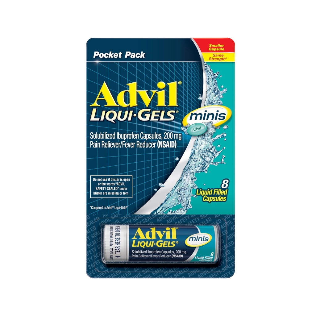 Advil Liqui- Gels minis Pain Reliever and Fever Reducer, Suin Medicine for Adults with Ibuprofen 200mg for Pain Relief - 8 Liquid Filled Kapsul