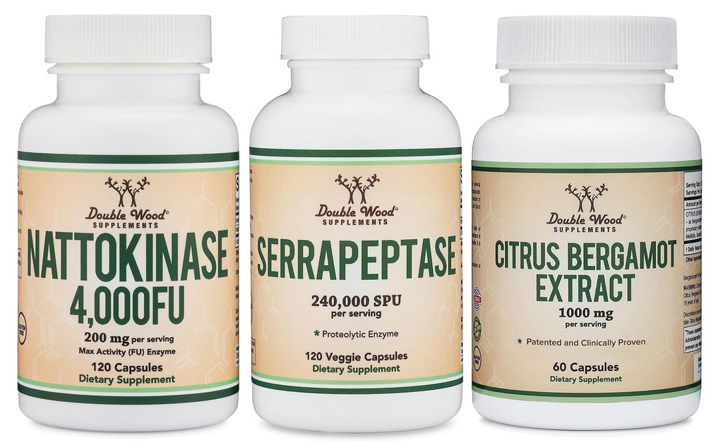 Suplemen Nattokinase (120 Capsules), Serrapeptase (120 Capsules), Citrus Bergamot (60 Capsules)