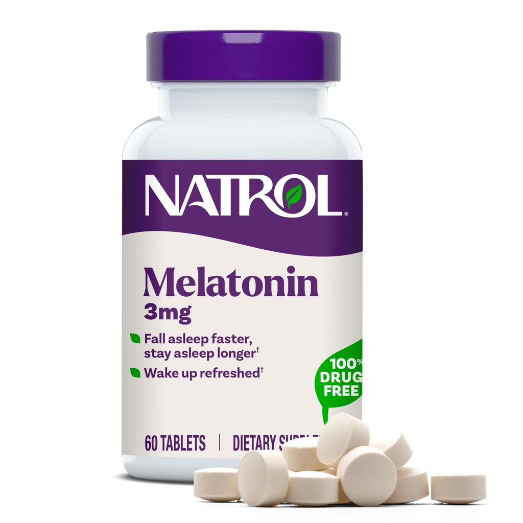Natrol Melonatin 3 mg, Tambahan Dietary untuk Reserve Sleep, Suplemen Tidur untuk Dewasa, 60 Melonatoin Tablets, Supply 60 Hari
