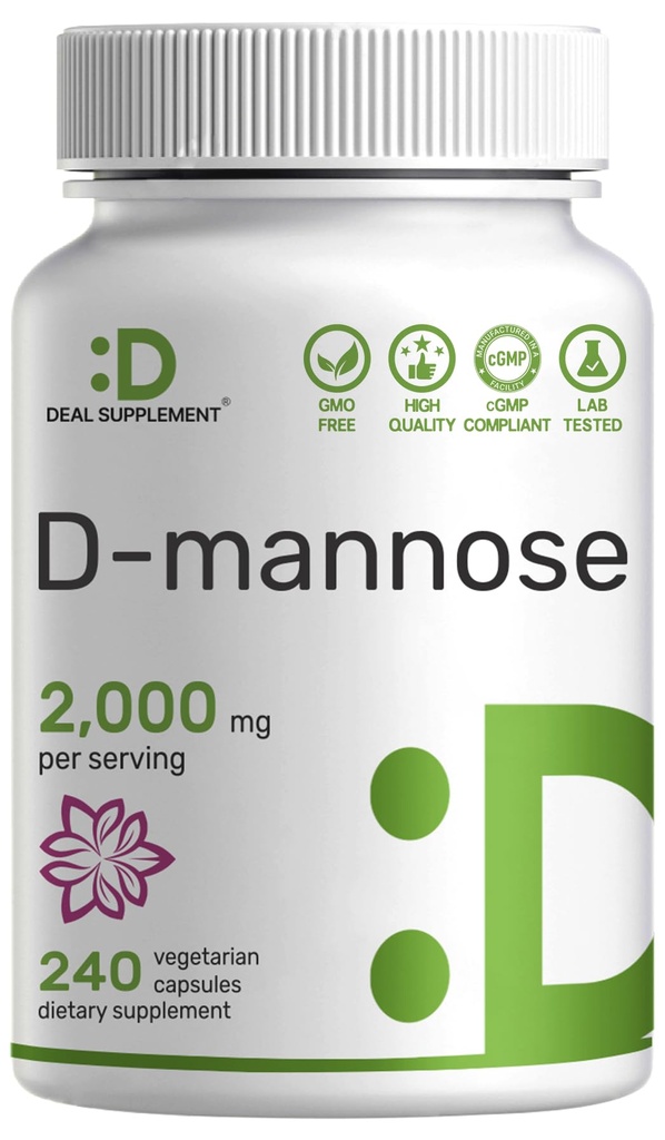 DEAL SUPLEMENT D Mannose 500mg Capsules (2.000mg Per Serving), 240 pil Veggie - Fast Acting Water- Soluble Form-Soluble - Ekstra Kekuatan Urinary Tract (UTI) Health Support - Non-GMO, Vegan Friendly