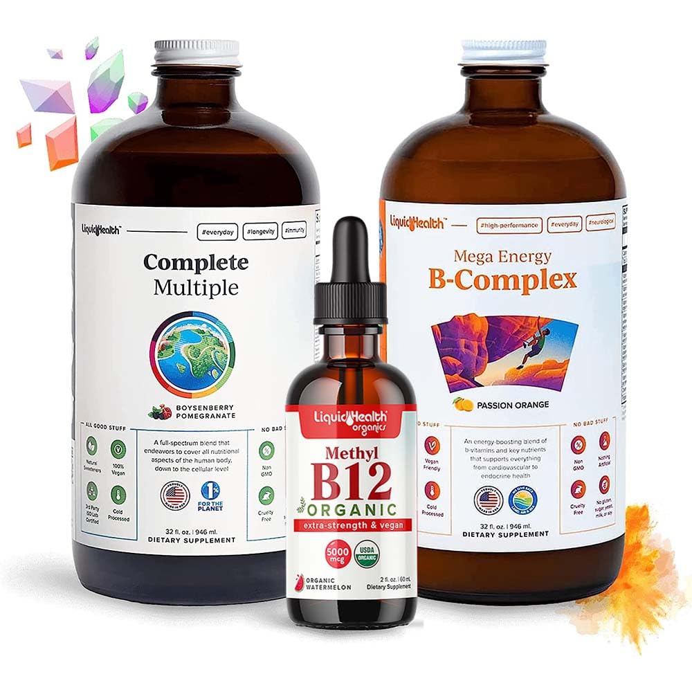Performa Tinggi LIQUIDHEALTH Performance Vitamin Bundle untuk orang dewasa dengan B-Complex Energi Mega, Lengkap Multivitamin & Organik B12 - Boost Natural Energy & Meningkatkan Atletic Performance