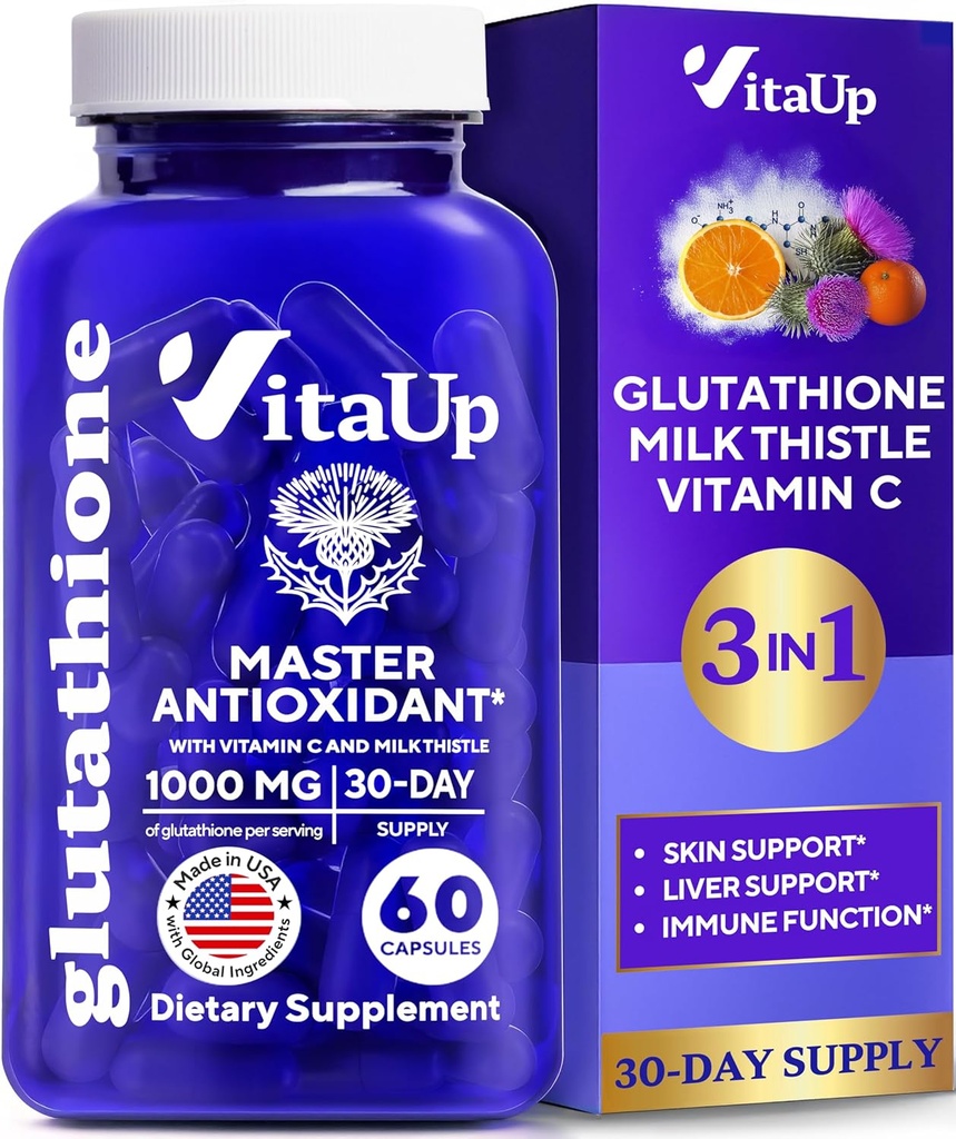 Mengurangi Glutathione Suplemen 1000mg - USA Membuat Glutathione Capsules dengan Vitamin C & Milk Thistle for Liver Care, Skin Dukung & Imune Wells - 60 Count