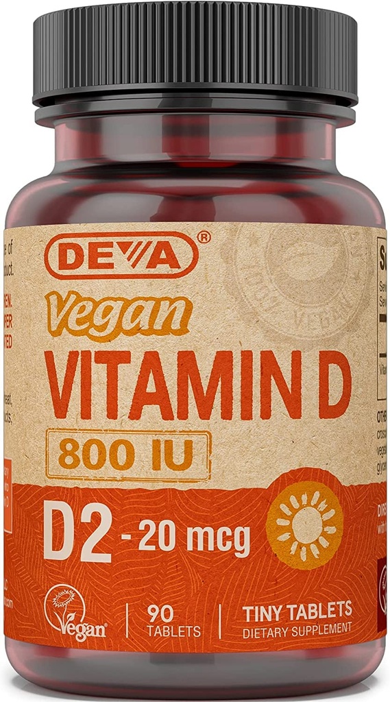 DEVA Vegan Vitamin D2 800 IU, Ergocalferol Suplemen dengan Tidak Binatang Ingrediens, 90 Tablet, 1-Pack