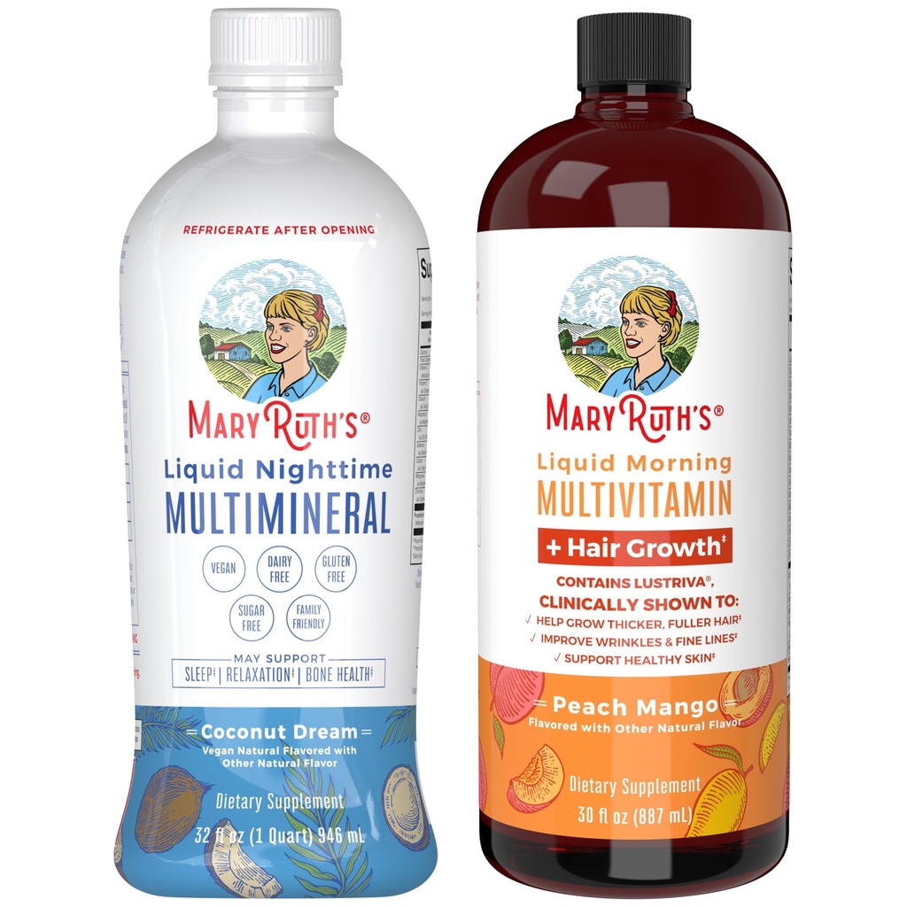 MaryRuth 's Nighttime Multimineral (Coconut, 32oz) & Multivitamin Liquid + Hair Growth (Peach Mangga, 30oz)