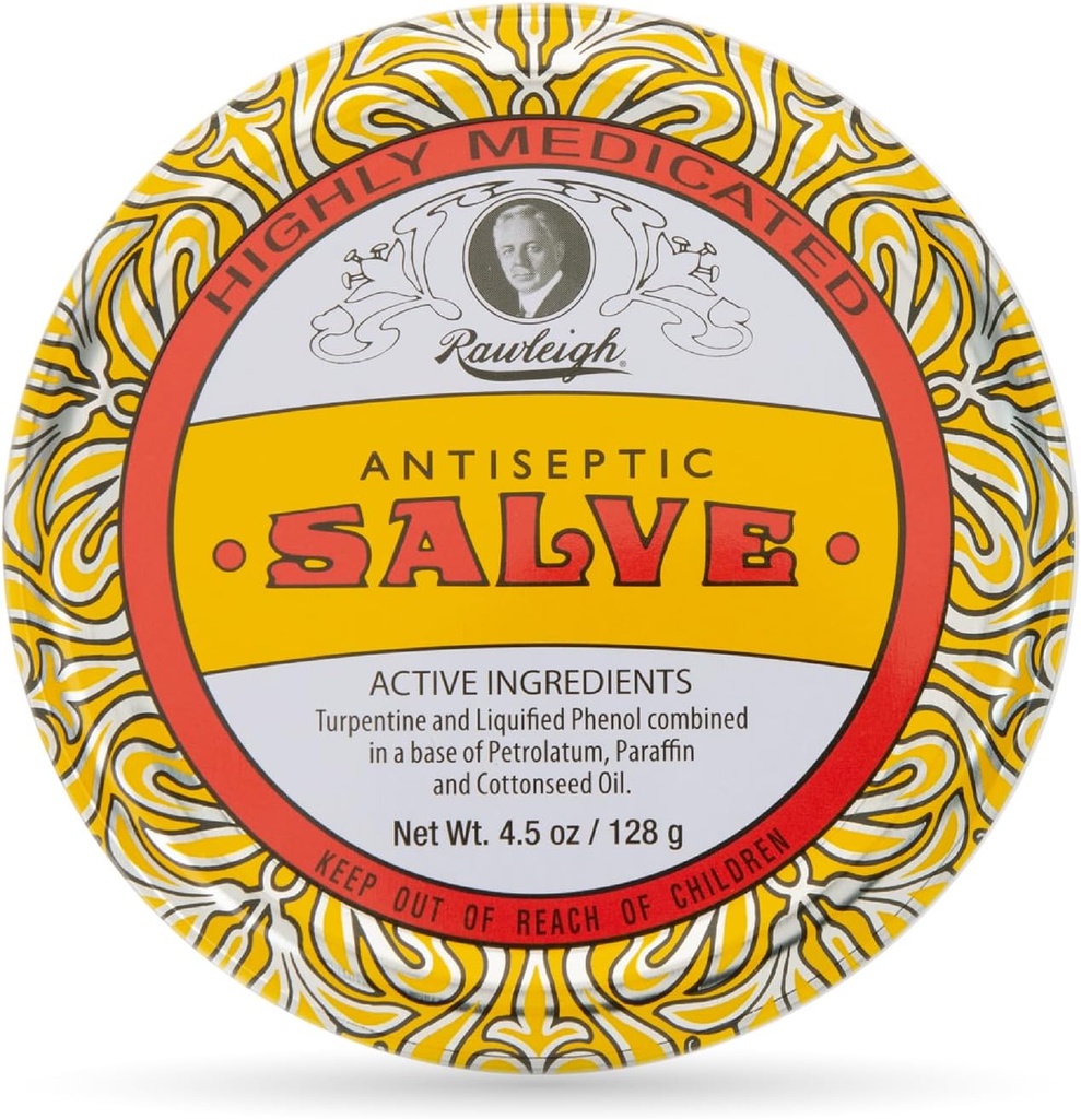 Rawleigh Antiseptic Save Iconic Yellow Big Tin: 4.5 oz, Natural, Multile Purpose Outher Skin Cuts, Bruises, Irrentine, Phenol, Cottonseed Oil, Original Formula - Paket 1