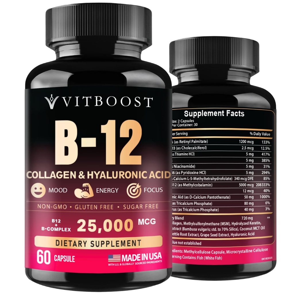 B12 dengan Acid Hyaluronic, Collagen, Polagen, Lolate - 25000 mcg B12 Kompleks 124; Maksimalkan Absorpsi & Energy 124; Gluten Free USA Made, B1, B2, B6, B12 Vitamin 5000 mcg Metholamin - 60 Capsules