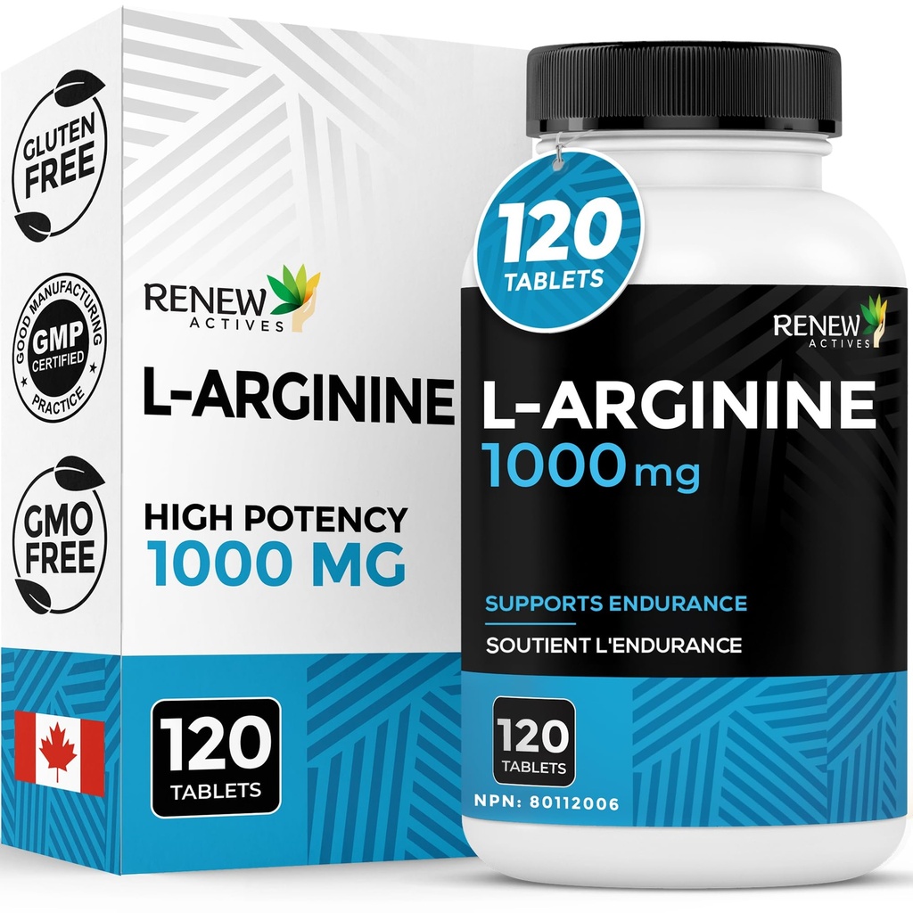 Renew Actives L-Arginine Suppplement 10000MG untuk Serving - Kekuatan & Endurance, Escular for Protein Synthesis & Muscle Fungsi, Fisik Performance Booster - Dibuat di Kanada - 120 Tablet
