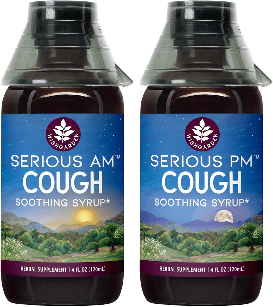 WishGarden Herbs Seriously Cough AM & PM Syrup - Serius AM Non-Drowsy Squall + Serious PM Cugh Supports Restful Sleep While Queeting Dry or Wet Cughs, 4oz Bundle