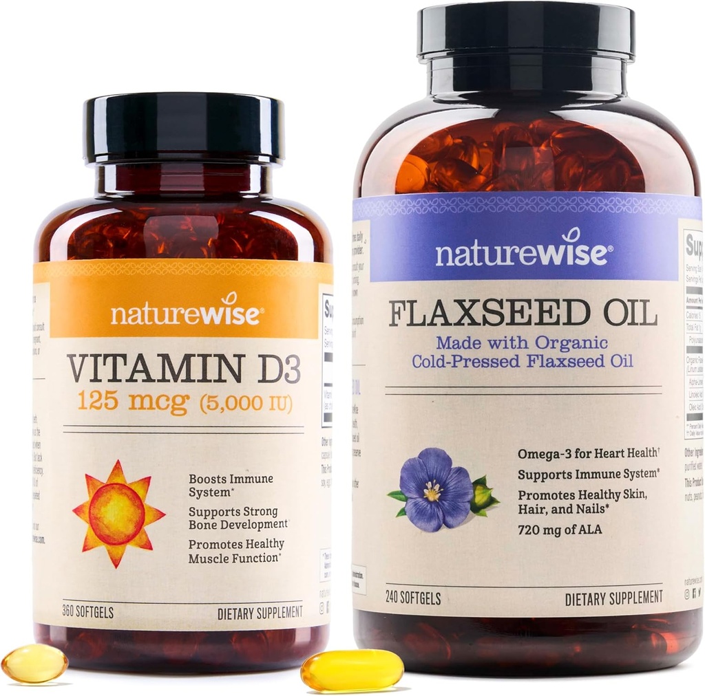 NaturreWise Vitamin D3 5000iu (125 mcg) 1 Tahun Supply for Healthy Muscle Fungsi, dan Imune Dukung Organik Flaxseed Oil Max 720mg ALA 124; Potency Tertinggi Flax Oil Omega 3