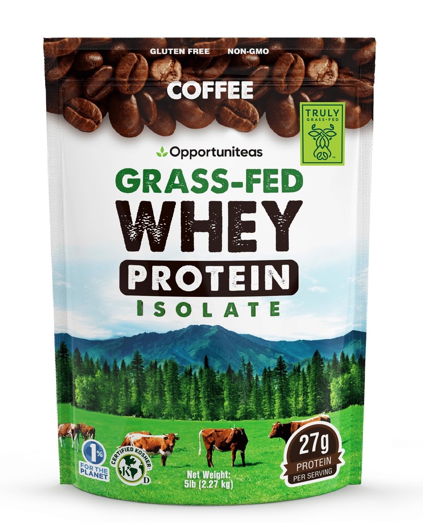 Opportuniteas Grass Fed Coffee Whey Protein Isolate Powder - 27g Protein powder Without Artificial Sweeteners, 60mg Caffeine, Hormone- Free Cows - 5lb
