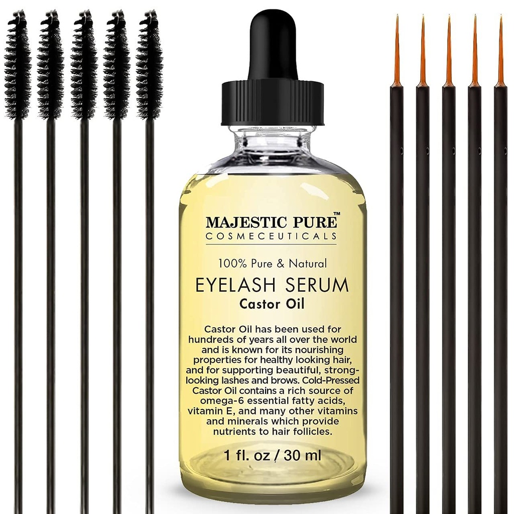 Magnificent Pure Castor Oil Eyelash Serum - with Apple & Argan Stem Cells - Eyelash Growth Serum for longer Eyebrows & Hair - Free Set Mascara Brush & Eyeliner Applicator - 1 fl oz