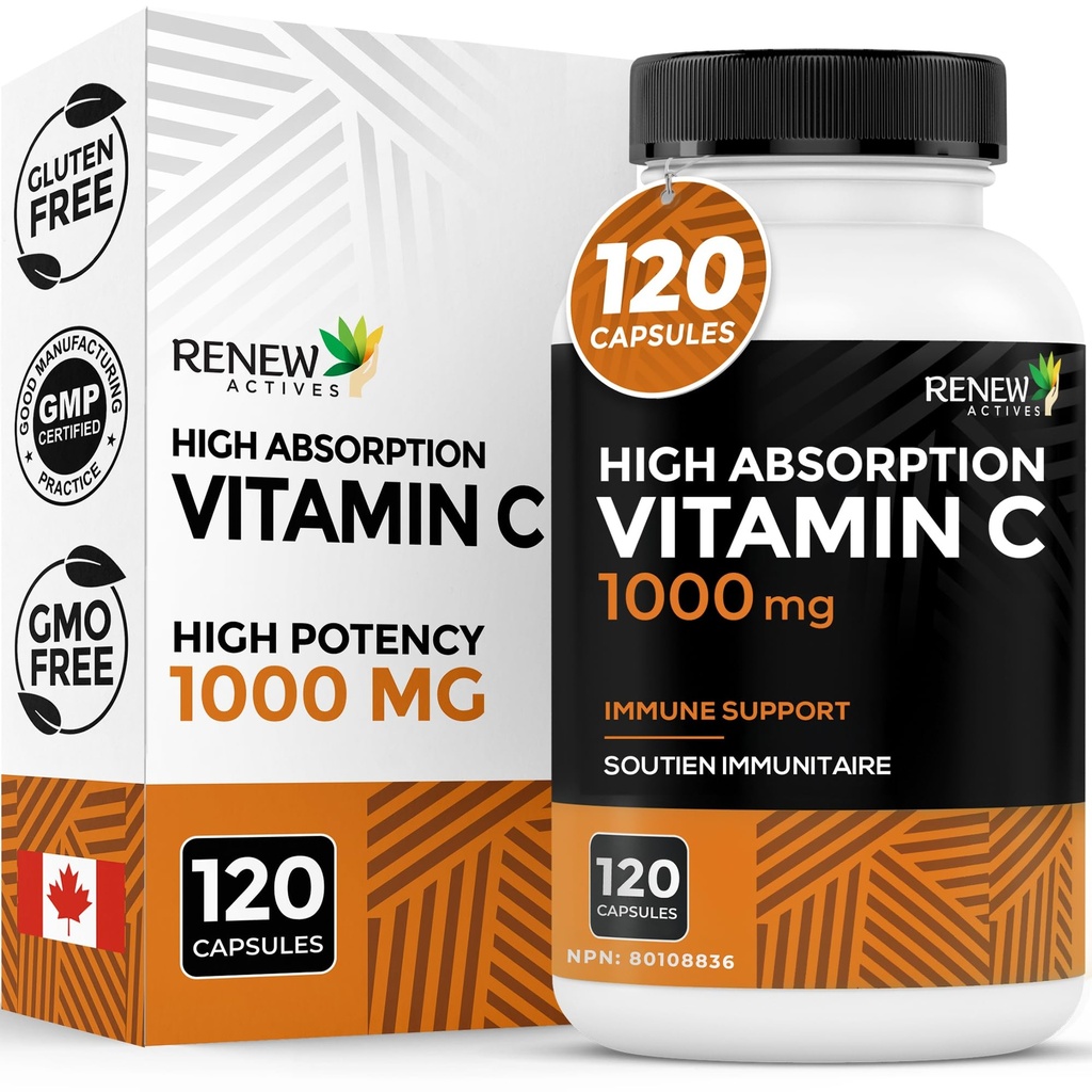 Aktivitas RENEW Maksimal Kekuatan Vitamin C 1000MG per Serving - Antioksidant & Imune Booster Untuk Overall Health, Bones, Teeth & Gums - Non-GMO, Sugar- Free, 4- Seths Supply - dibuat di Kanada - 120 Capsules