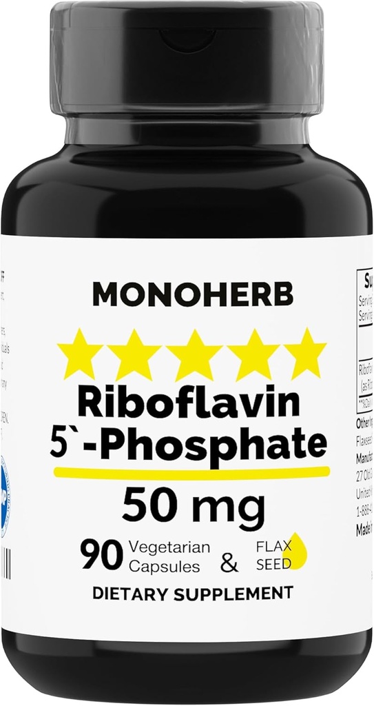 MONOHERB Riboflavin 5 '-Fosfat 50 mg - 90 Vegetarian Capsules - Bioactive Vitamin B2 - dibuat di USA