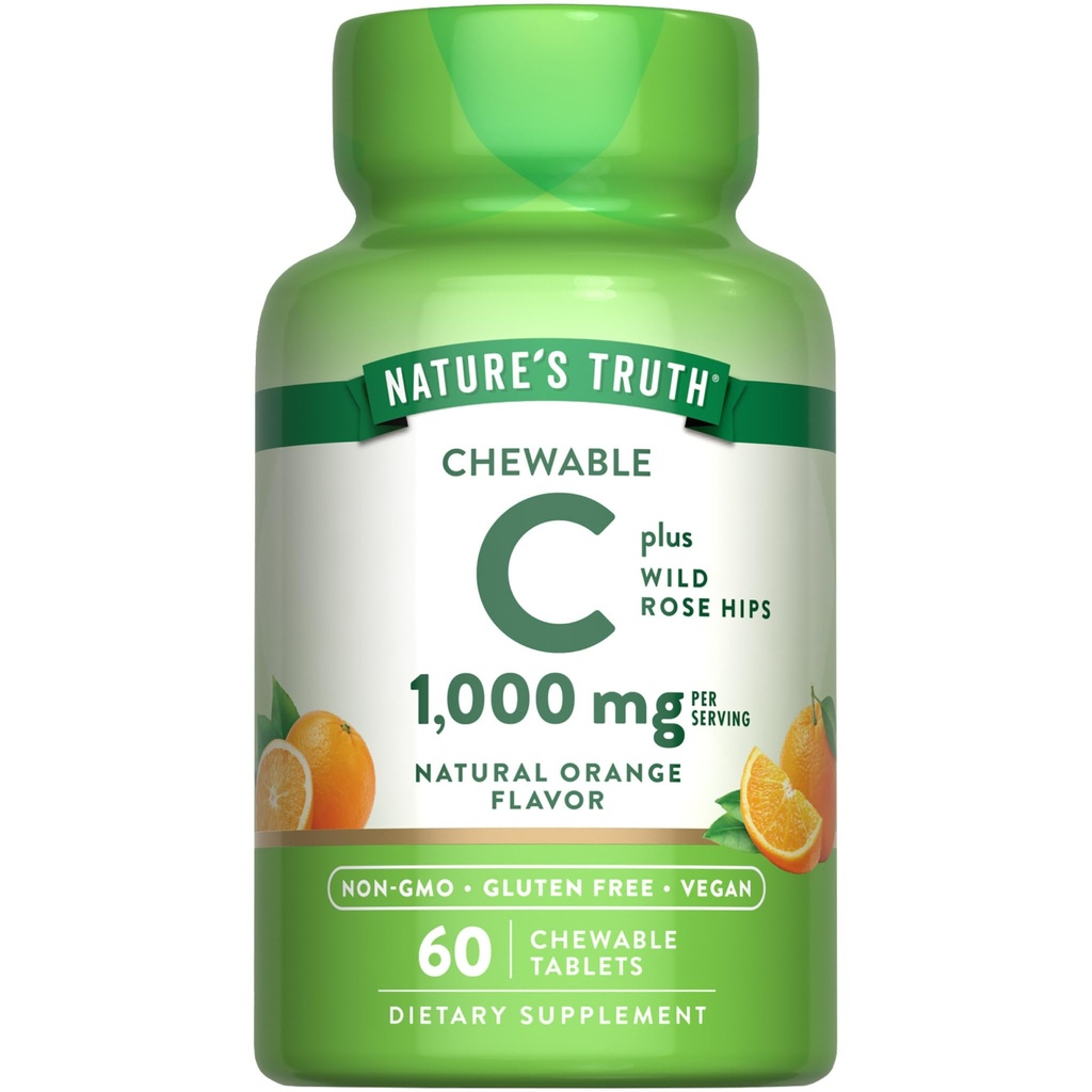 Nature 's Truth Chewable Vitamin C dengan Rose Hips 124; 1000 mg 124; 60 Tablet 12.4; Vegan, Non-GMO & Gluten Free Supplemen