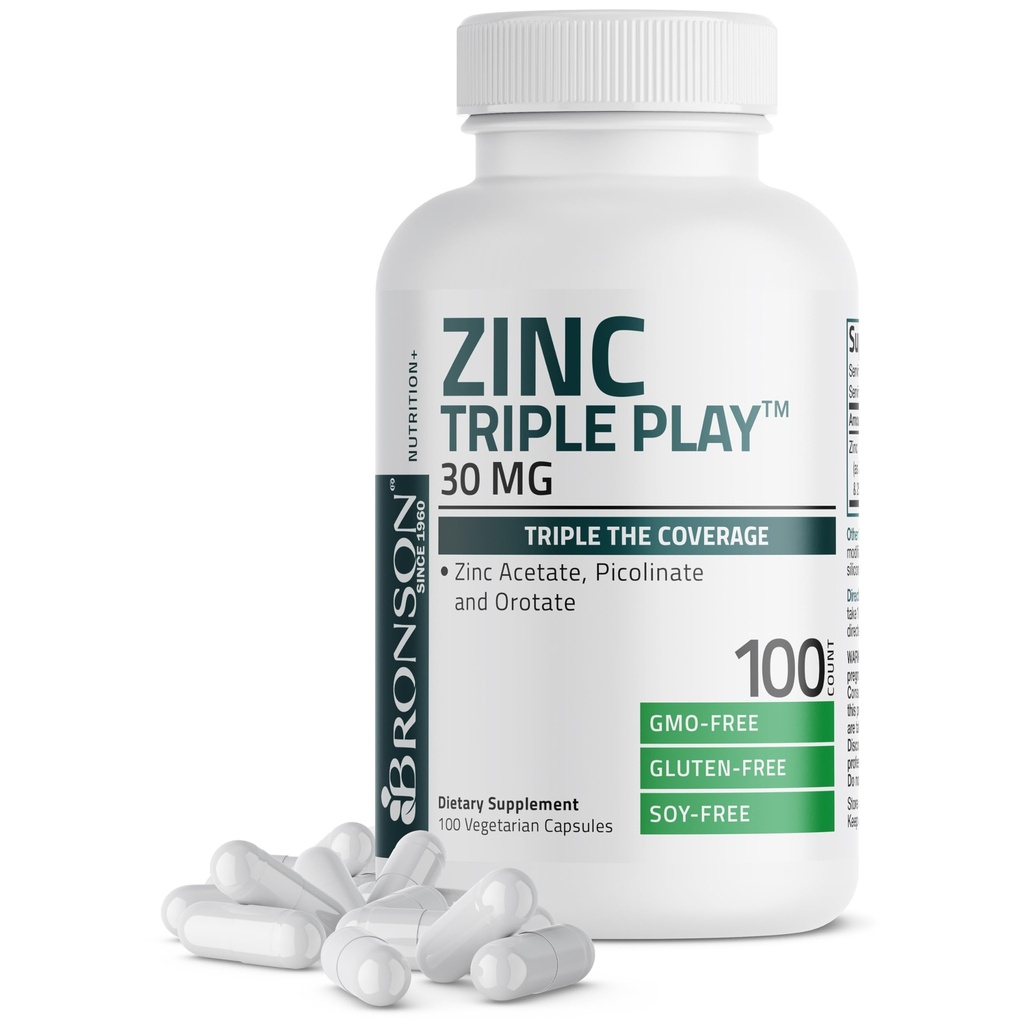 Bronson Zinc Triple Play 30 mg Triple Coverage Ammune Dukungan dengan Zinc Acetate, Picolinate & Ospin - Imune, Antioksidant & Skin Health Support - 100 Vegetarian Capsules