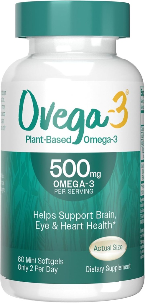 OVEG-3 Plant - Based Omega- 3 from Algal Oil Daily Supplement, 500mg, Supports Brain, Eye & Heart Health, Two mini softgels per day, 60 Count