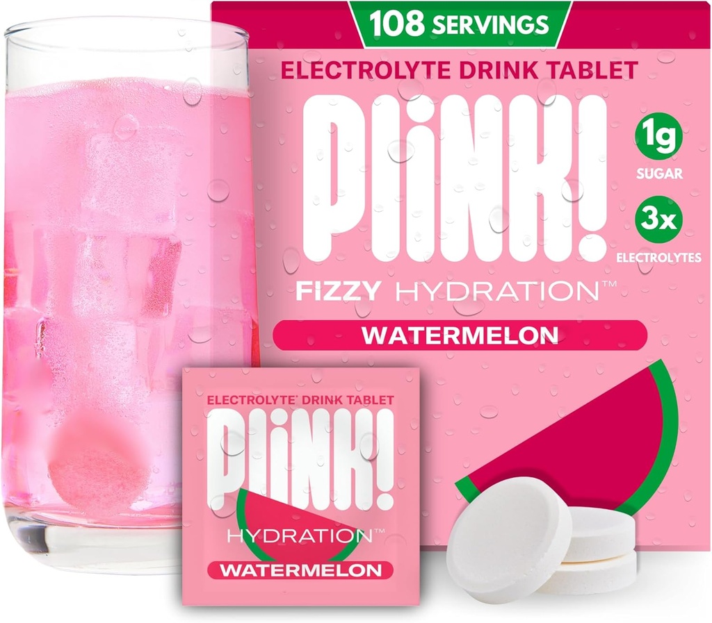 Plink! Fizzy Electrolite Tablet untuk Orang dewasa & Anak-anak - Semangka, 108ct - Hidration harian dengan Electrolytes - Gula Rendah, Vegan, Keto Friendly, Non- GMO