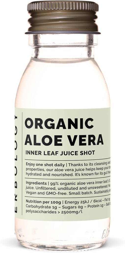 Erbologi Organic Aloe Vera Juice 12 Daily Shots (2 fl oz) - Dukungan kekebalan dan Detox - dari Inner Leaf - Langsung dari Farm in Spanyol - Undiluted - tidak ditambahkan Sugar - Non-GMO - Recyclable Glass Bottle