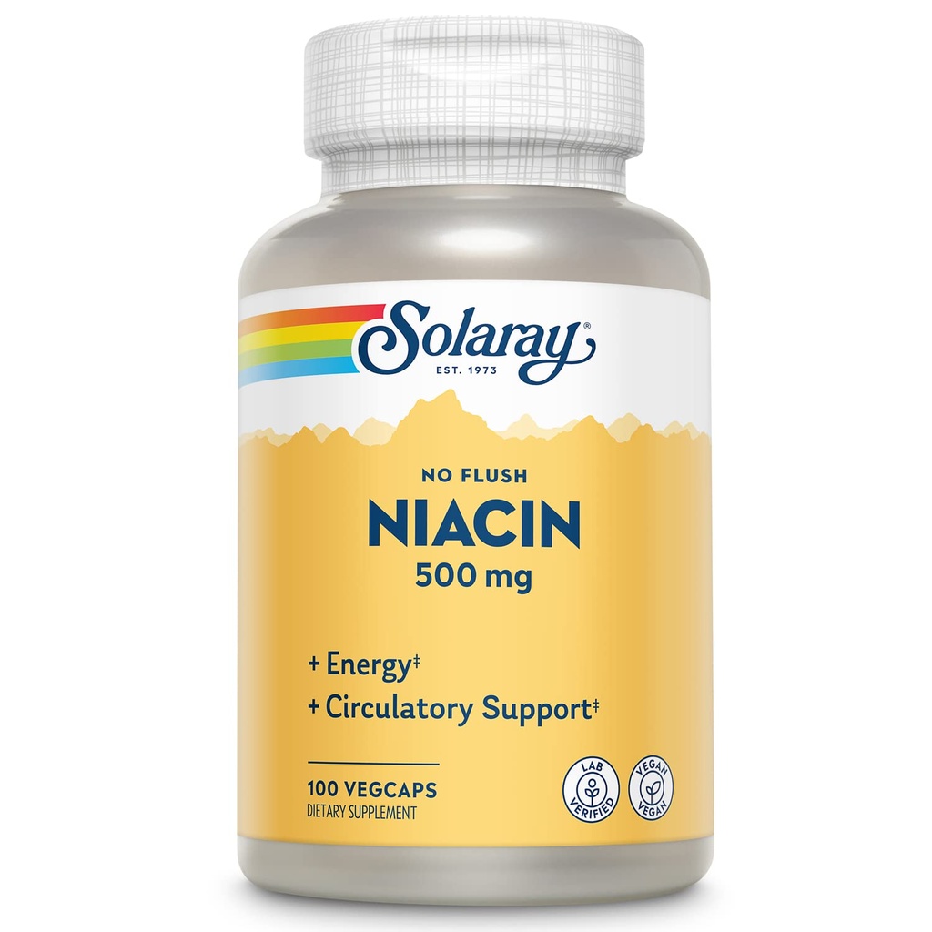 SOLARAY No Flush Niasin 500mg, Flush- Free Vitamin B3, Energy and Circulation System Support, Vegan, Lab Verified, 60-Day Money-Back Garansi, 100 Servings, 100 VevCaps