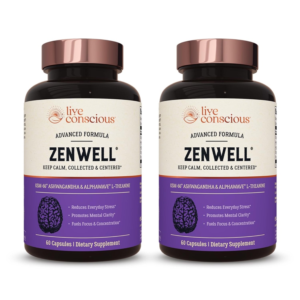 Live Conscious KSM-66 Ashwagandha Suplemen w / L Theanine & Alphawave - ZenWell Everyday Stress Relief, Cognitive, Brain Health - Ashwagandha for Men & Women - 60 Capsules (2- Pack)