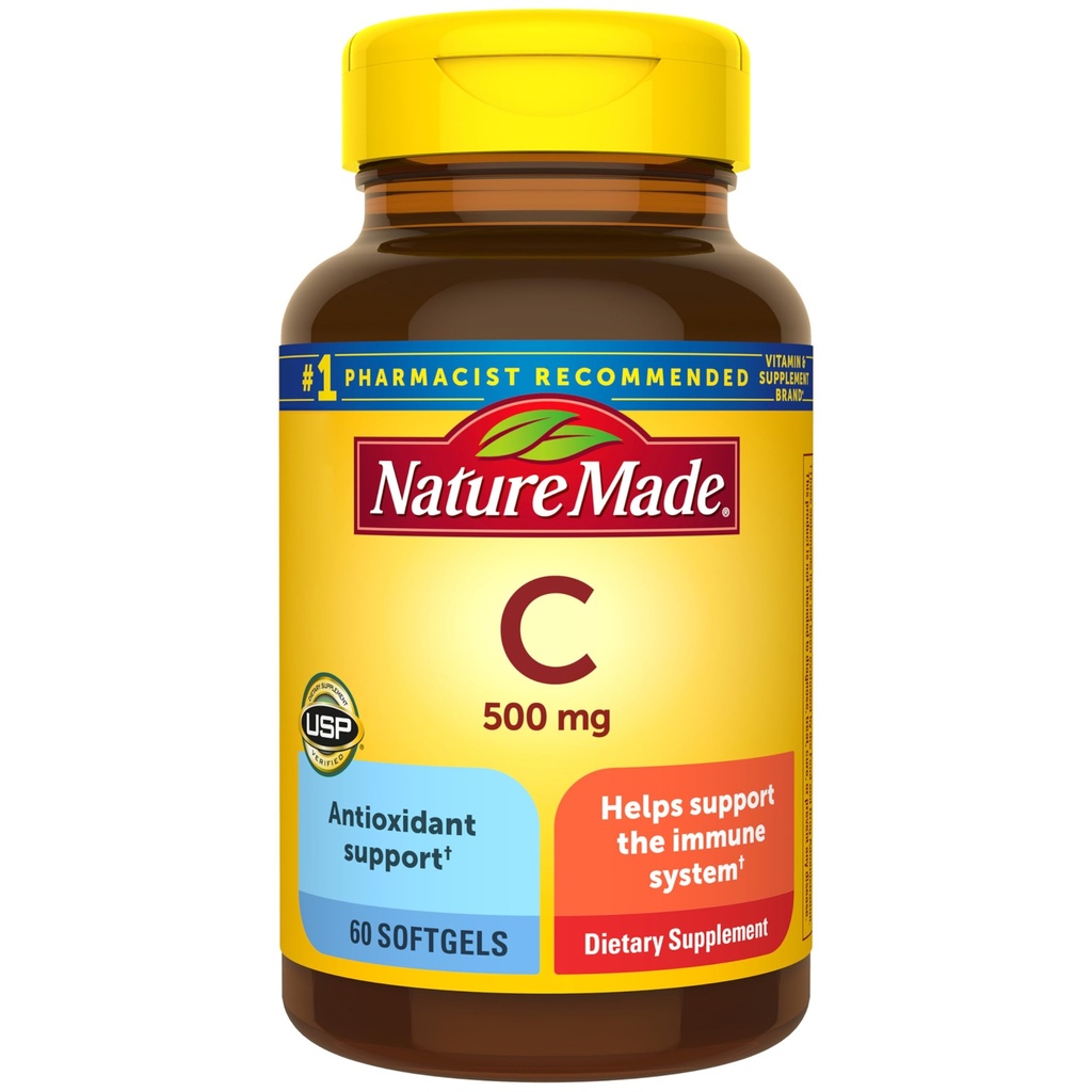 Nature Made Vitamin C 500 mg, Dietary Vitamin C Suplemen untuk Imune Dukungan, 60 Softgels, Supply 60 Hari