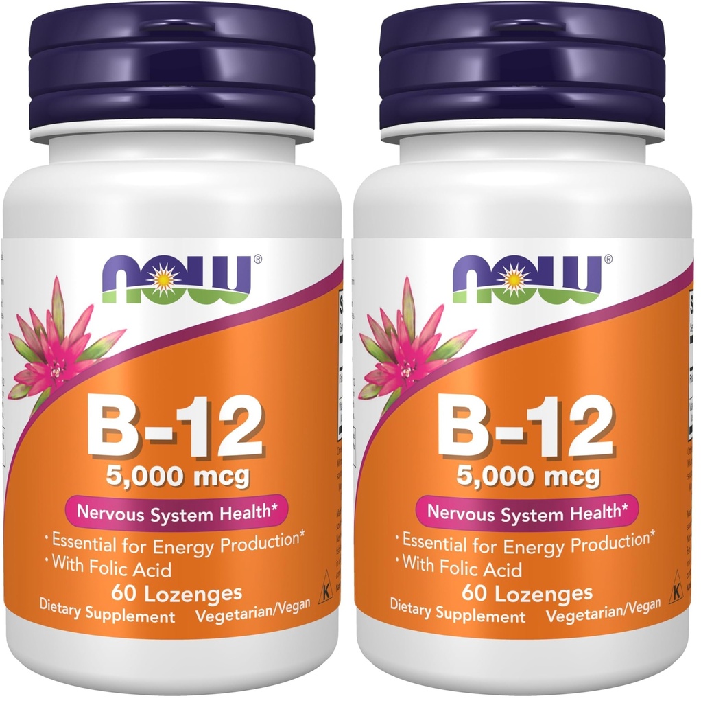Suplemen SEKARANG, Vitamin B-12 5.000 mcg, dengan Acid Folic, Kesehatan Sistem Gugup *, 60 Lozenges (Paket 2)