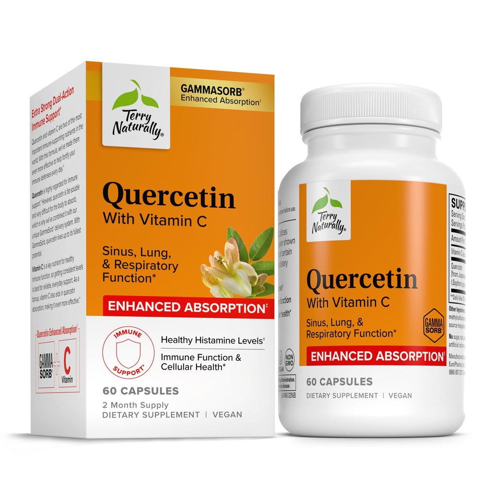Terry Tentu Quercetin dengan Vitamin C Enhanced Absorpsi - Quercetin Tambahan untuk Imune Support & Cellular Health - Suplemen Repiratory Sinus & Lung Health - 60 Capsules