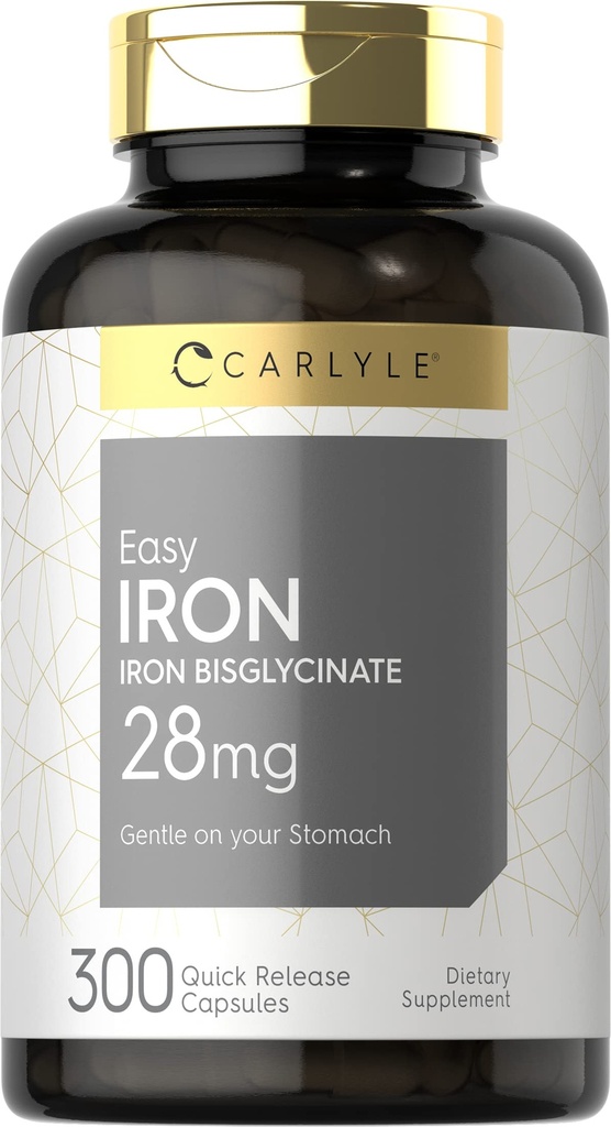 Carlyle Iron Supplement for Women and Men 124; 28mg 124; 300 Capsules 12.4; sebagai Ferrous Bisglycinate 124; Non-GMO dan Gluten Free