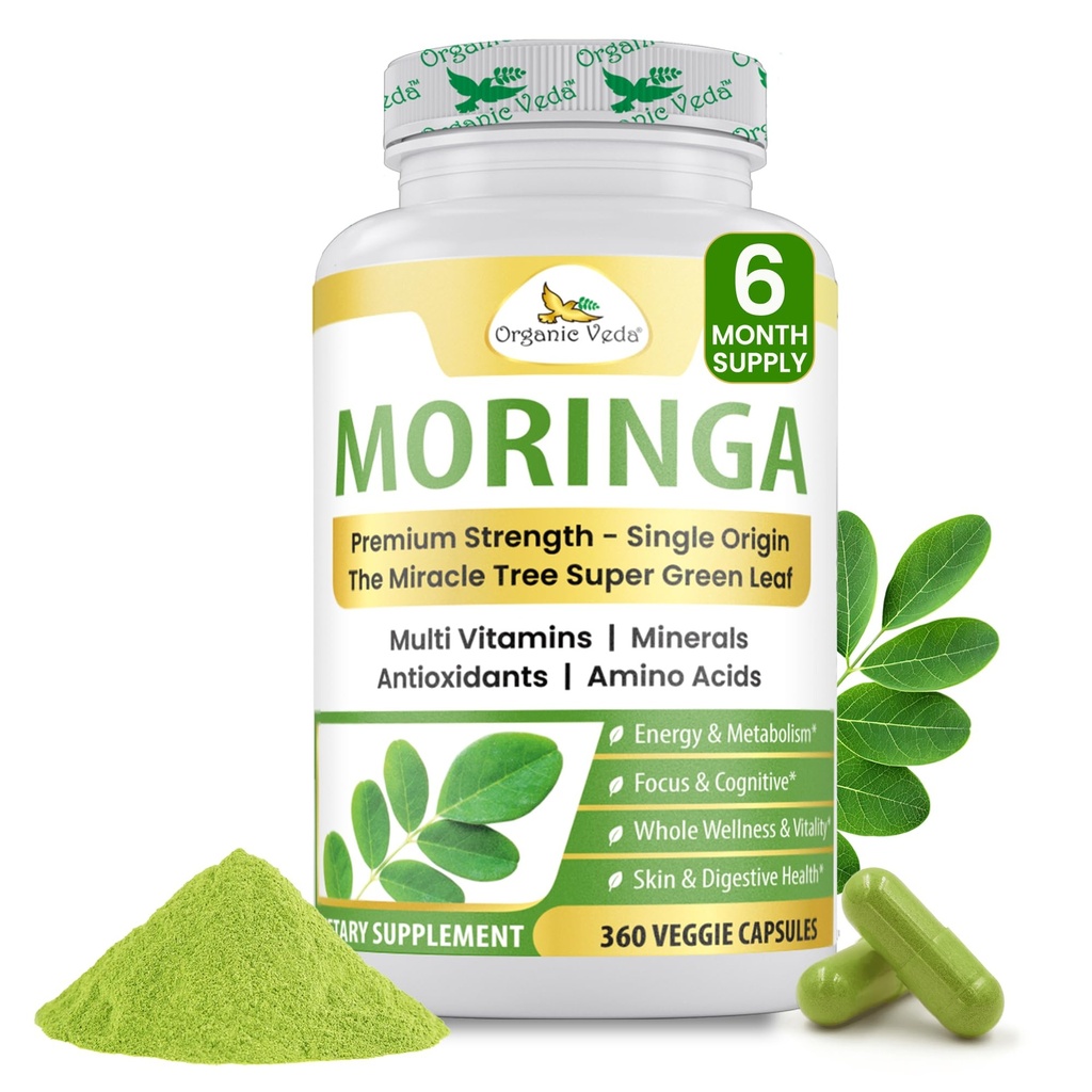 Veda Moringa Leaf Powder Capsules, 10000mg, 360 Count - True Green Organic Moringa Oleifera, Premium Power Nutrient Tense 100% Pure Leaves - Energi, Sleep & Imunity Dukungan - Vegan