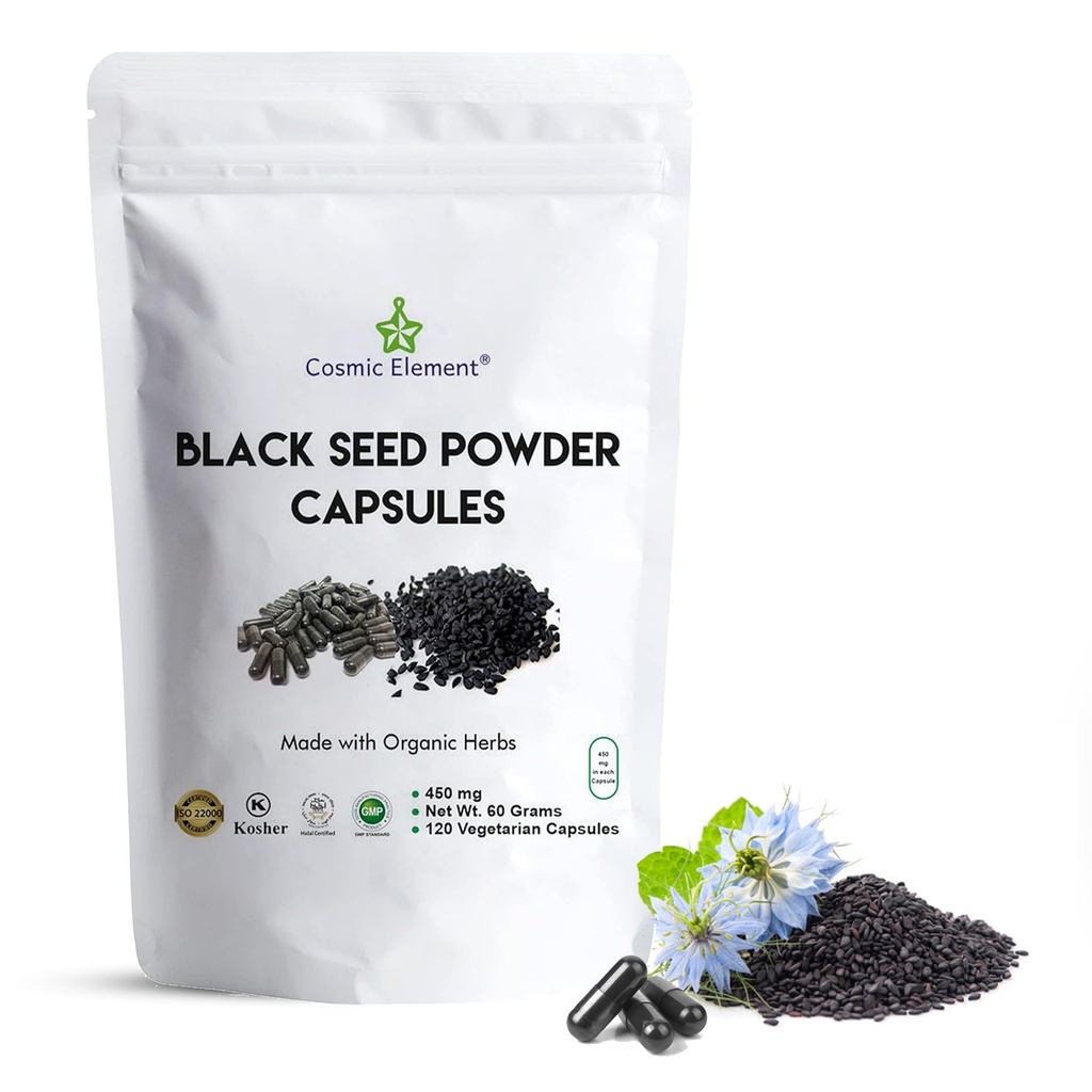 Elemen Kosmik 100% Bubuk Benih Hitam Murni Capsules Organik - Vegan Nigella Sativa 450mg Black Cumin Seeds per Serving for Health - 120 Kapsul
