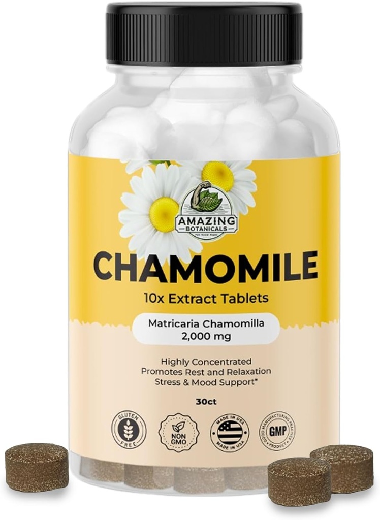 Amazing Botanicals Organic Chamomile Extract Tablet - Matricaria Chamomilla Plant - Based Supplemen - 10x Extract 2000 MG Setiap - Promes Relaxation - 30 tablet