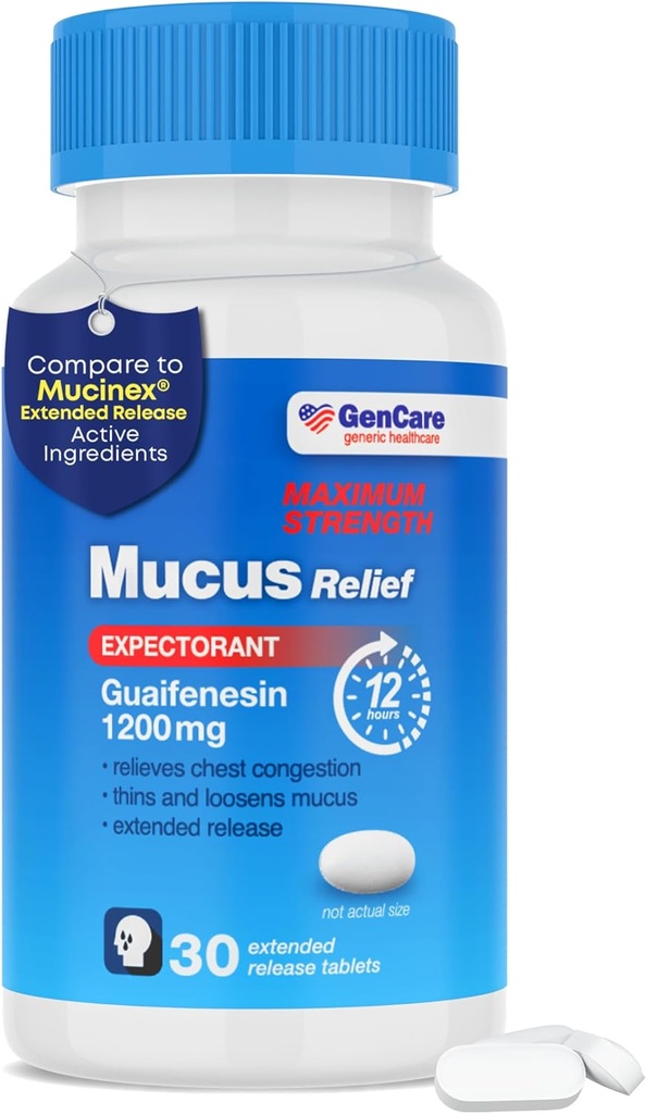 GenCare Mucus Relief 1200 mg Maksimal Kekuatan (30 Count) 1200mg Guaimfenesin Extended- Lease Tablet - Expectorant for Chest Contraffic Relief for Dewasa
