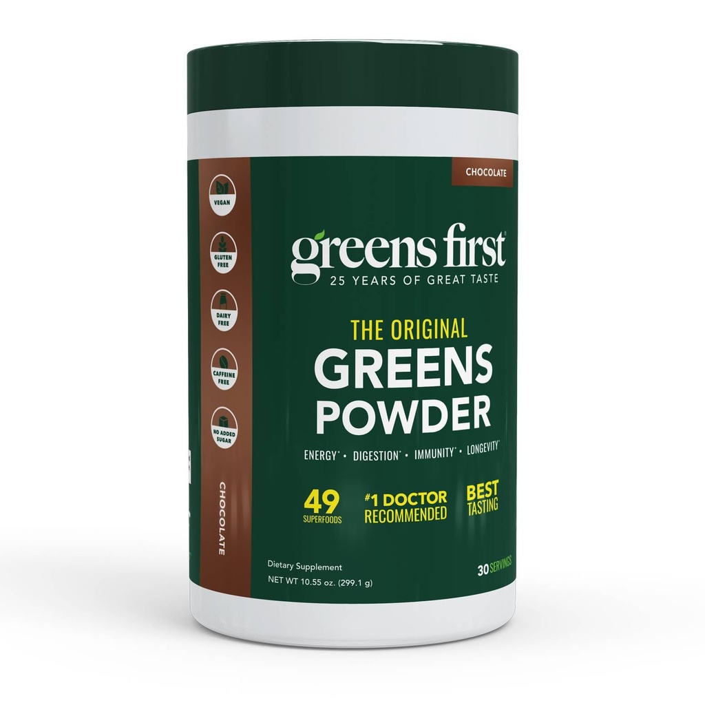 Greens First Original Greens Powder - 49 Superfoods - Organic Fruits & Vegies - Pregories, Progories & Digetical Enzymes - Antioksidant Smoothie - Dairy Free, Vegan, Non-GMO (Coklat, 30 Pelayan)