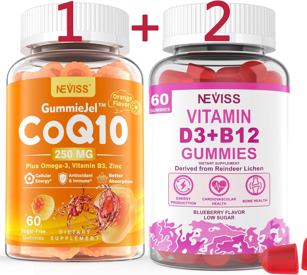 NEVISS Sugar- Free CoQ10-250mg Gummies Filed, 60Cts + Vegan Vitamin D3 5000IU & Metil B12 100mcg Gummies, 120Cts
