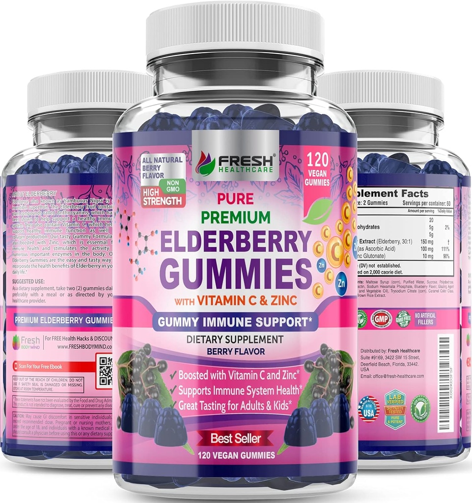 FRESH HEALTHCARE Elderberry Gummies with Vitamin C, Zinc & Sambucus Elderberry 30: 1 Ekstraksi - 100% Vegan - Imune Support untuk Dewasa & Anak - 120 Count Gummy Suplemen