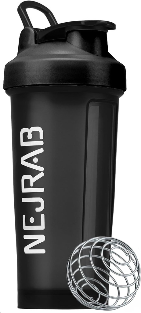 Protien Shaker Bottle with Wire Whilk Ball, Blender Bottle for Protien Mixes, Protein Shaker Cup, 28- Ounce, Protein Shaker Bottle, Protein Shake Bottle (Black), Medium, NJB 28- Oz