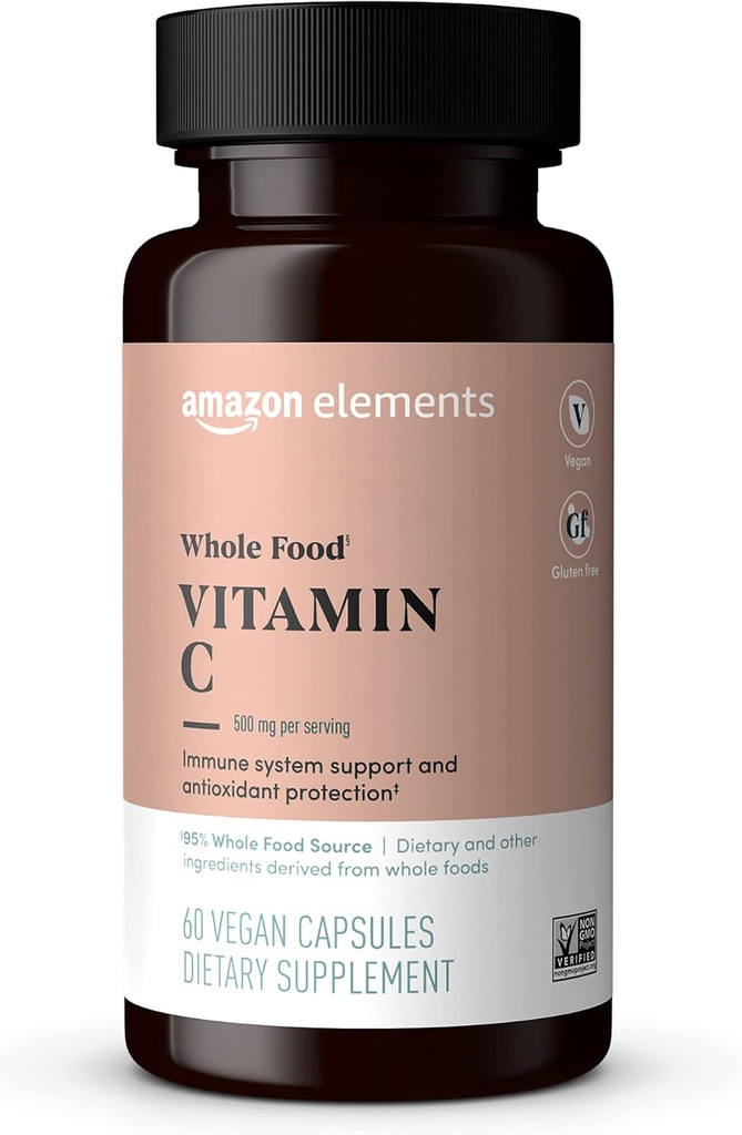 Elemen - Whole Food Vitamin C, 95% Whole Food Source, Dietary dan bahan-bahan lainnya berasal dari seluruh makanan, Non-GMO diverifikasi bahan, vegan disertifikasi, dan gluten gratis, 60 kapsul
