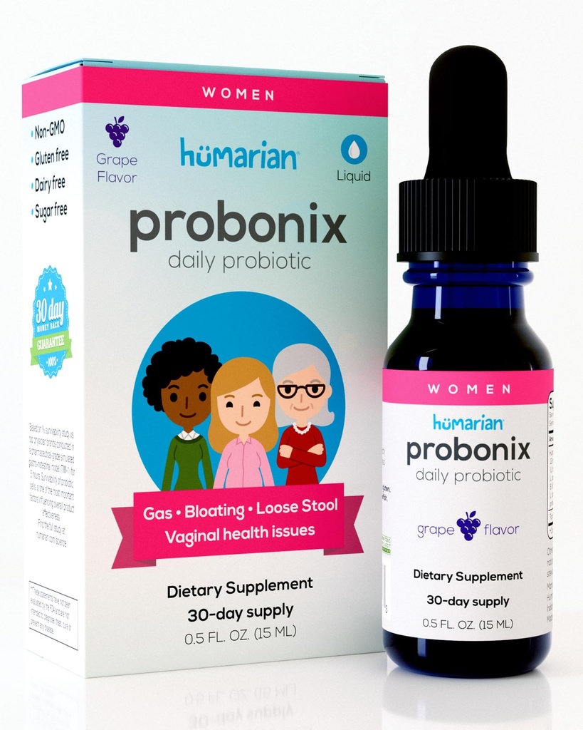 Probonix Humarian Liquid Progration for Women - 12- Strain Probiotic Drops to Fortify Women 's Gut Health, Vaginal Health, Imunitas, Overall Wellness - 30- Day Supply - Delicious Grape Flavor