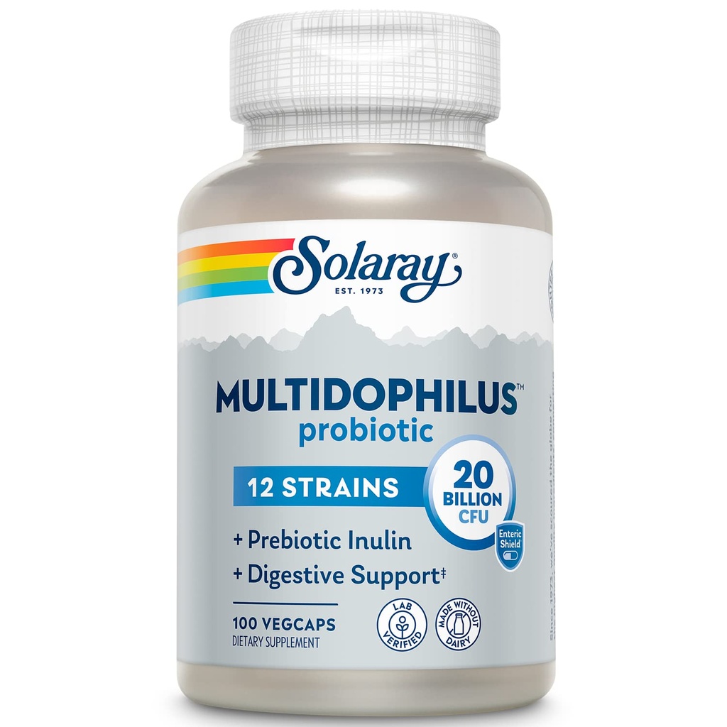 SOLARAIY Multidoblerus 12 Strain Probiotic 20 Milyar CFU, Problem for Digetical Health and Gut Health Support, Prebiotic Inulin, No Dairy, 50 Serv, 100 VevCaps