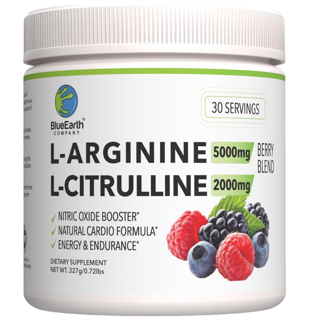 L-Arginine 5000mg + L- Citrulline 2000mg Powder Suplemen - Nitric Oxide Booster - Heart Health, Blood Flow, Energy & Endurance