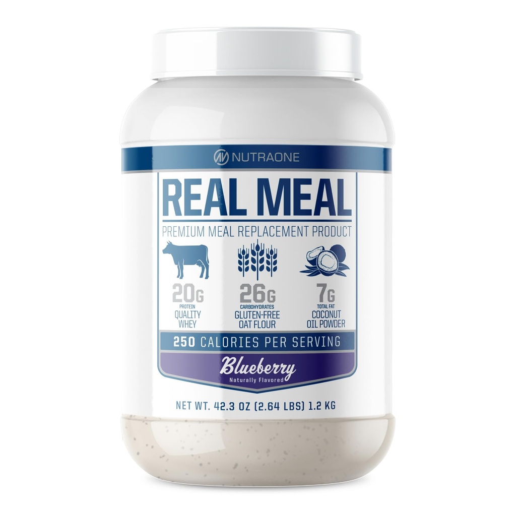 Real Meal oleh NutraOne - Perfect Meal Pengganti Powder untuk sehari-hari Goals 124; Termasuk Whey Protin, Coconut Oil, dan Gluten- Free Oats * (Blueberry - 2.6 pon)