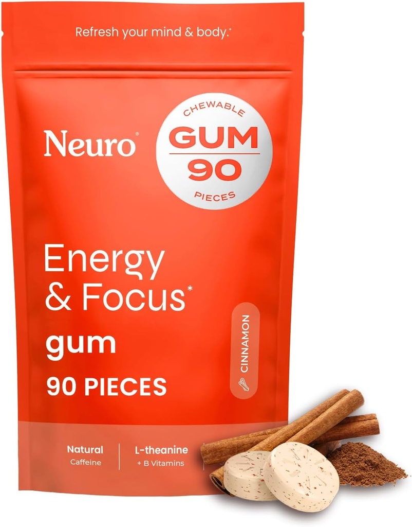 NeuroGum Energy & Focus Gum (Cinnamon, 90 Pieces): 144g Natural Caffeine + L-Theanine + Vitamin B12 & B6 + Xylitol = 124; Sugar Free Nootropic Cognitive Brain Performance Suplemen