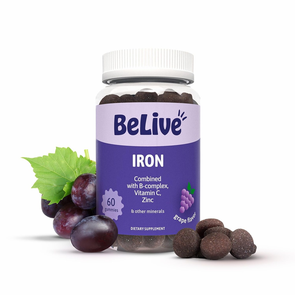 BeLive Iron Gummies - Multivitamin Suplemen dengan Vitamin C, A, B & Zinc, Menyediakan Oksigen Darah, Suplemen Besi Vegan untuk Perempuan, Pria & Anak-Anak untuk Pertumbuhan dan Pengembangan - Grape Flavor 124; 1 - Pack