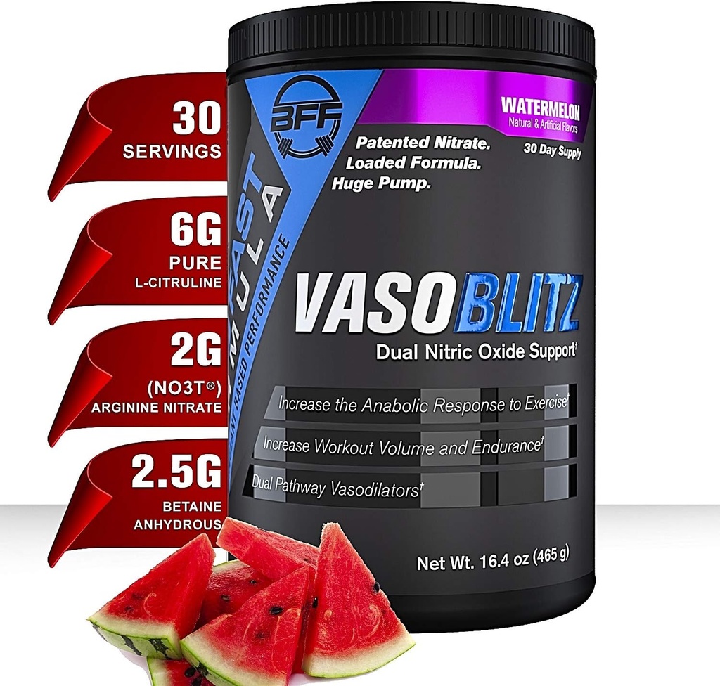 VASOBLITZ Award Memenangkan Dual Nitric Oxide Pre Workout dengan NO3T Arginine Nitrate, L- Citrulline, Betaine Anhidlous, Calcium Lactate, Caffeine Free for Muscular Endurance (30 Serving) (Watermelon)
